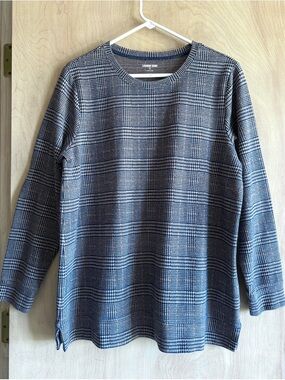 Lands’ End Glen Plaid Sweatshirt Women’s XL Navy Tan Crewneck Tunic Top Stretch